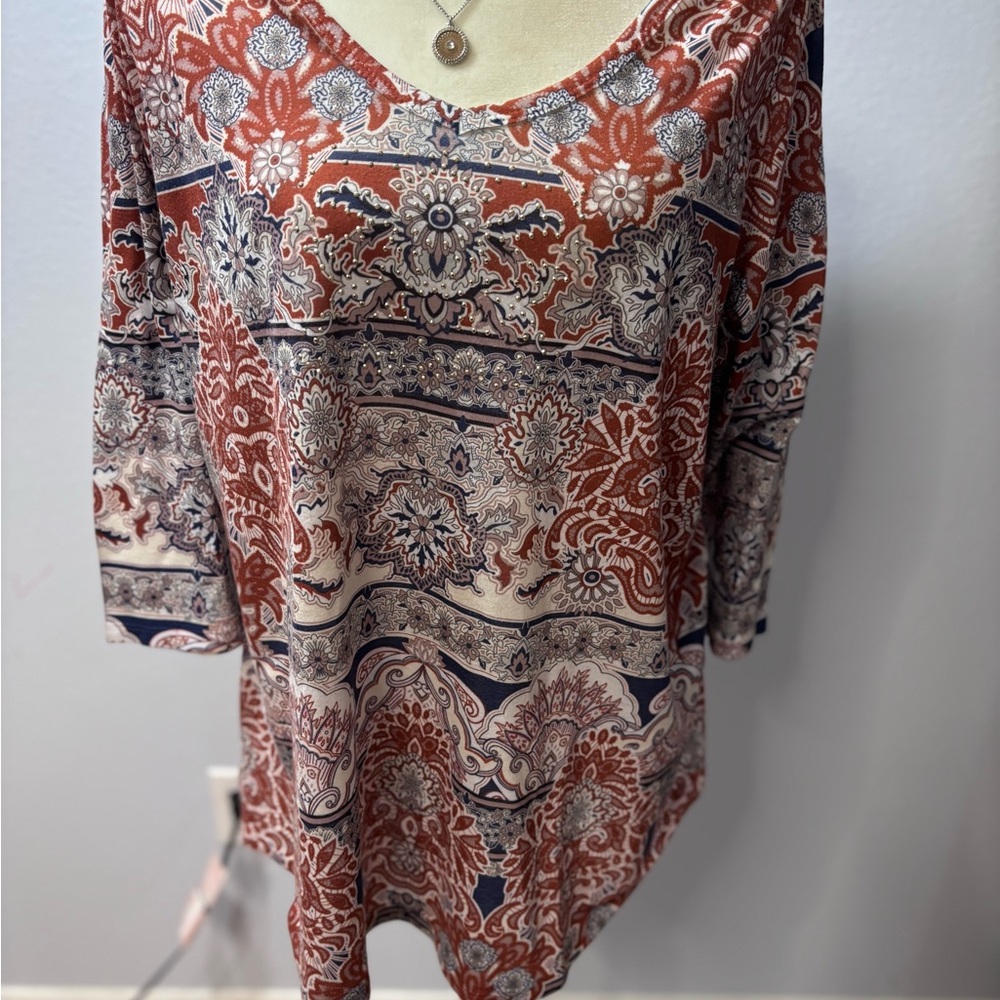 ONE WORLD Brown and Orange Graphic 3/4 Sleeve Tunic